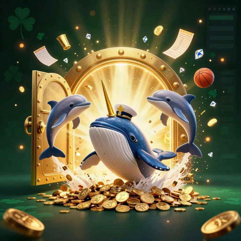 Cartoon whale captain, narwhal and dolphins burst from coins around an opening gold vault.
