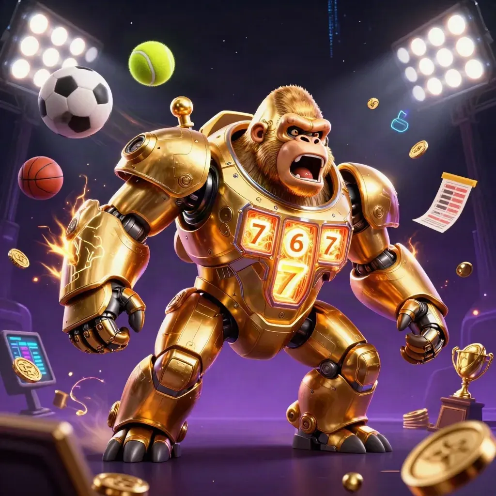 Golden gorilla mech with monkey pilot, sports balls, trophy, coins, and neon casino energy