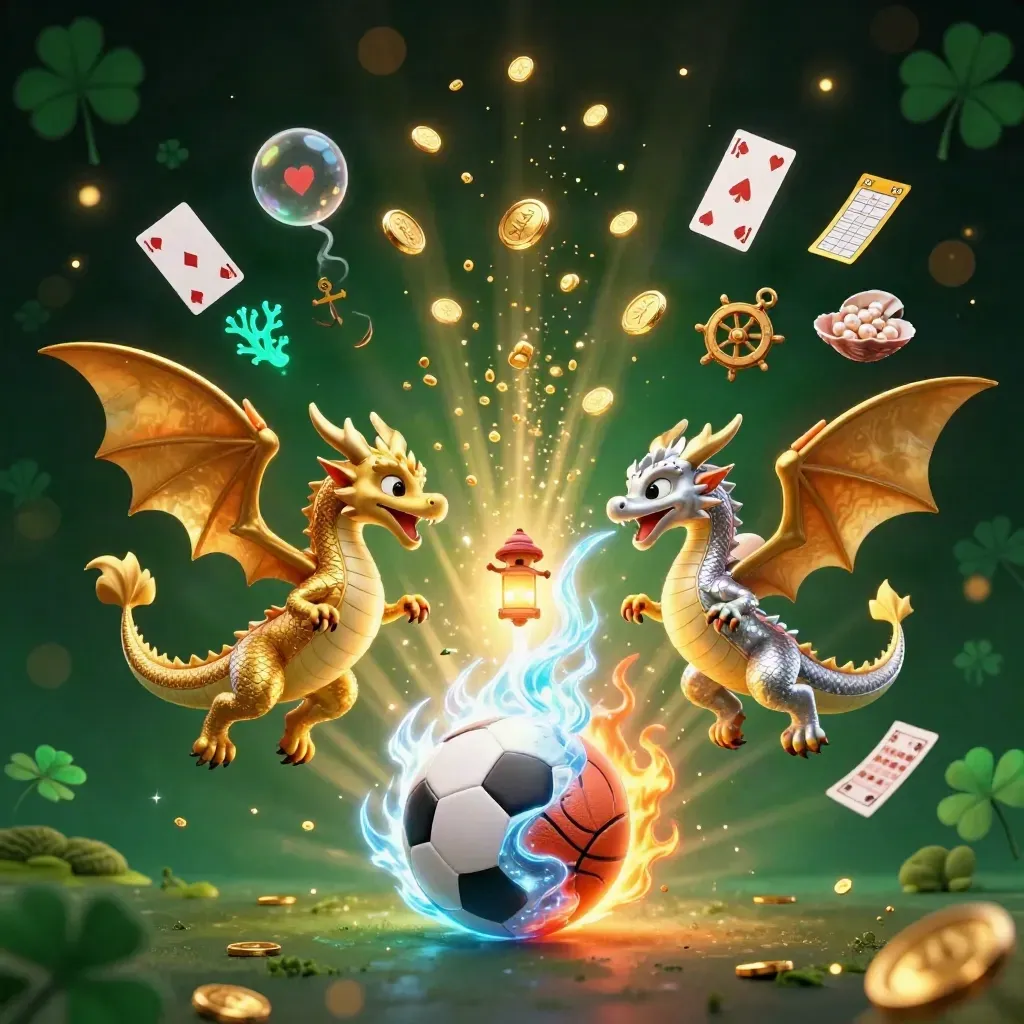 Gold and silver dragons spiral over coins, coral, cards, and sports balls in emerald glow.