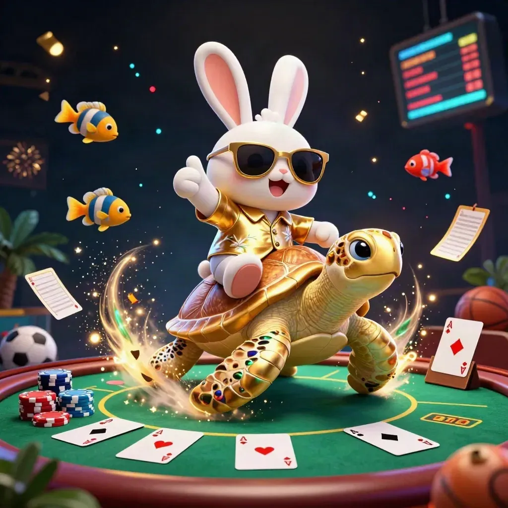 Rabbit on a golden turtle with casino props, cards, chips, fish, fireworks, and sports balls.