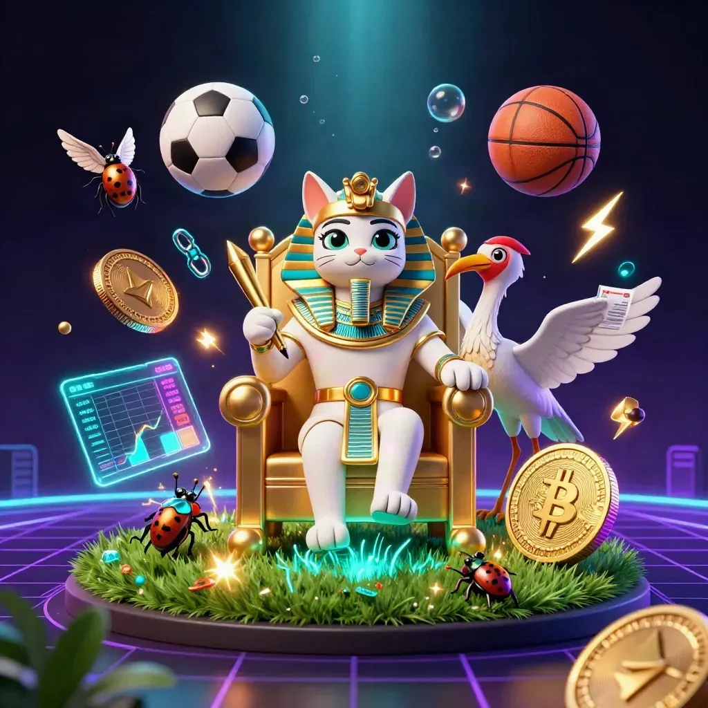 Golden pharaoh cat throne, ibis scribe, scarabs, soccer ball, casino-tech glow.