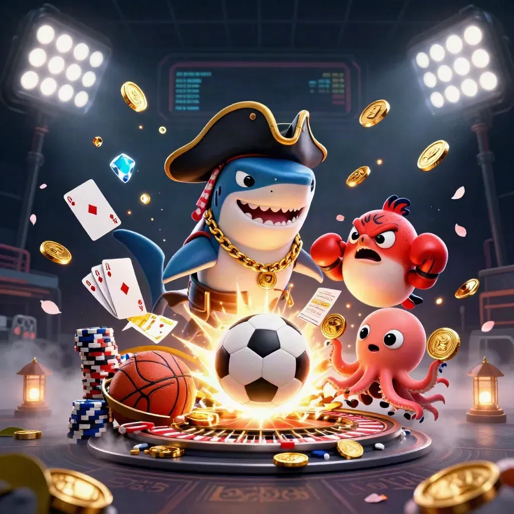 Pirate shark, boxing pufferfish, and coin-juggling octopus amid casino sports burst.