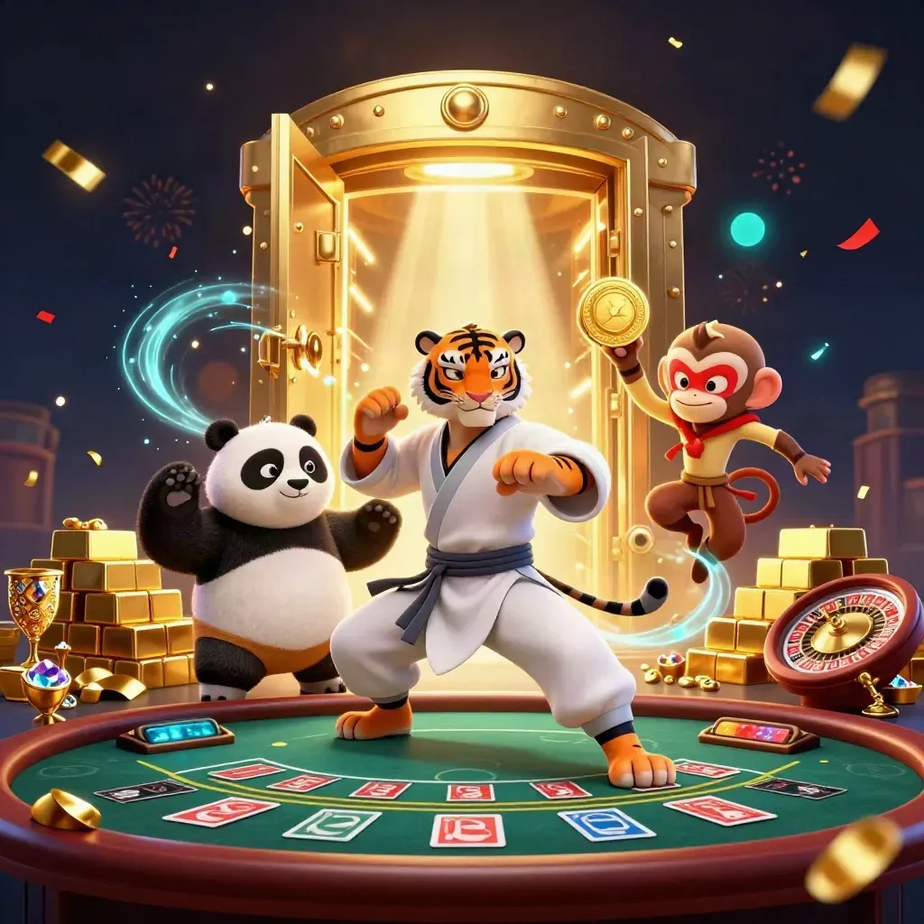 Tiger, panda, and monkey in a vault-lit casino scene with gold, jewels, and spinning roulette.