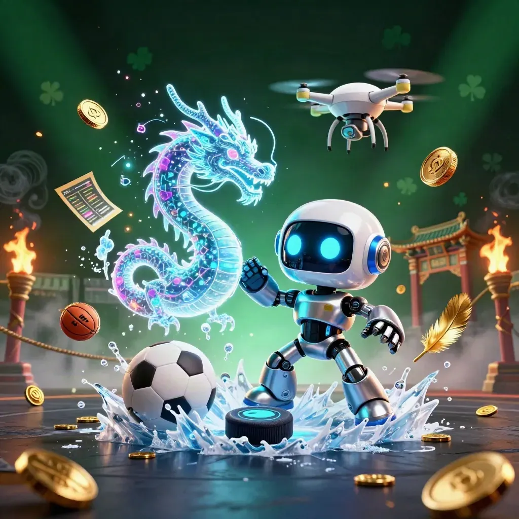 Cyberpunk robot, dragon, and drone in an icy faceoff with gold coins, fire, and emerald haze.