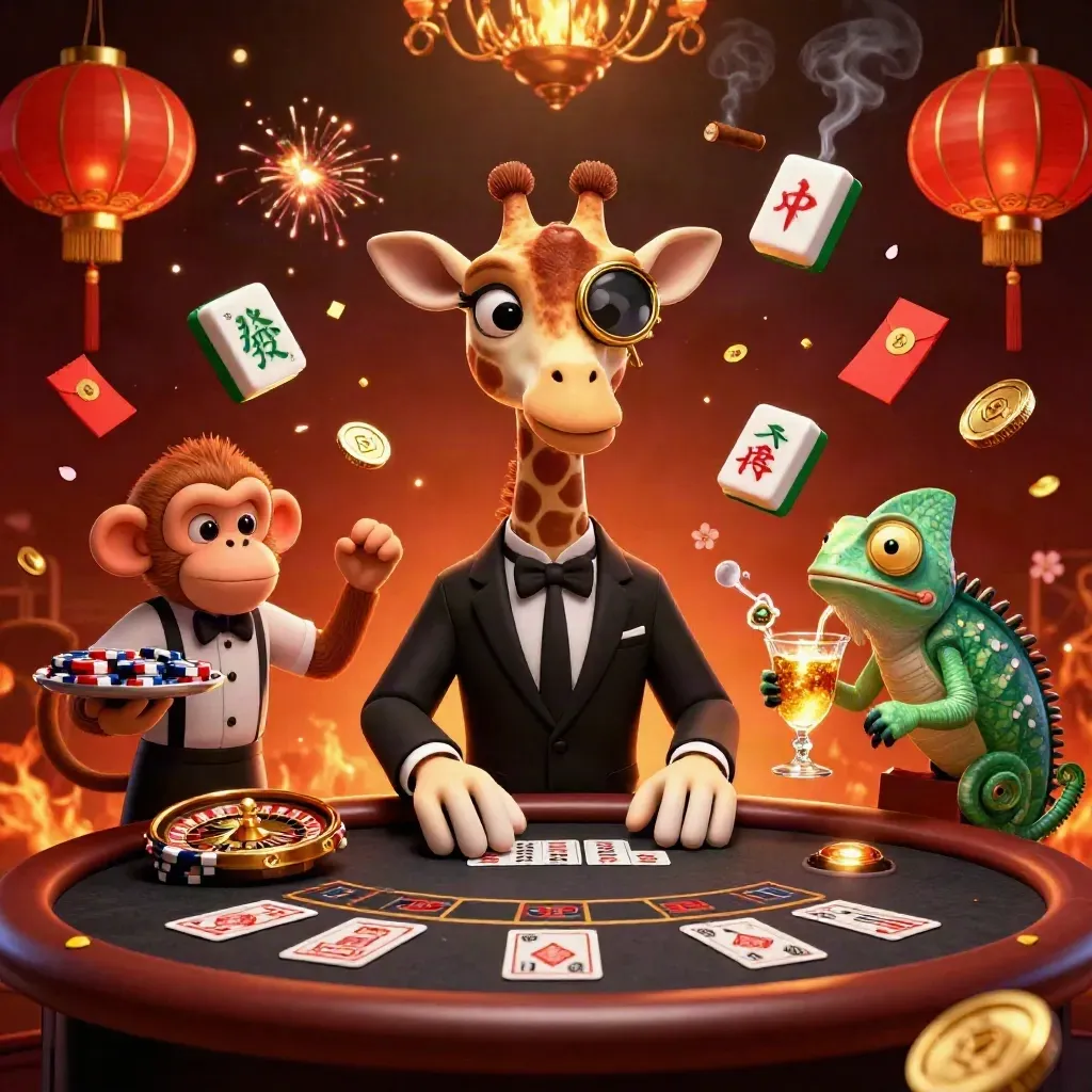 Giraffe, monkey, and chameleon in a luxe casino scene with lanterns, coins, and ember glow.