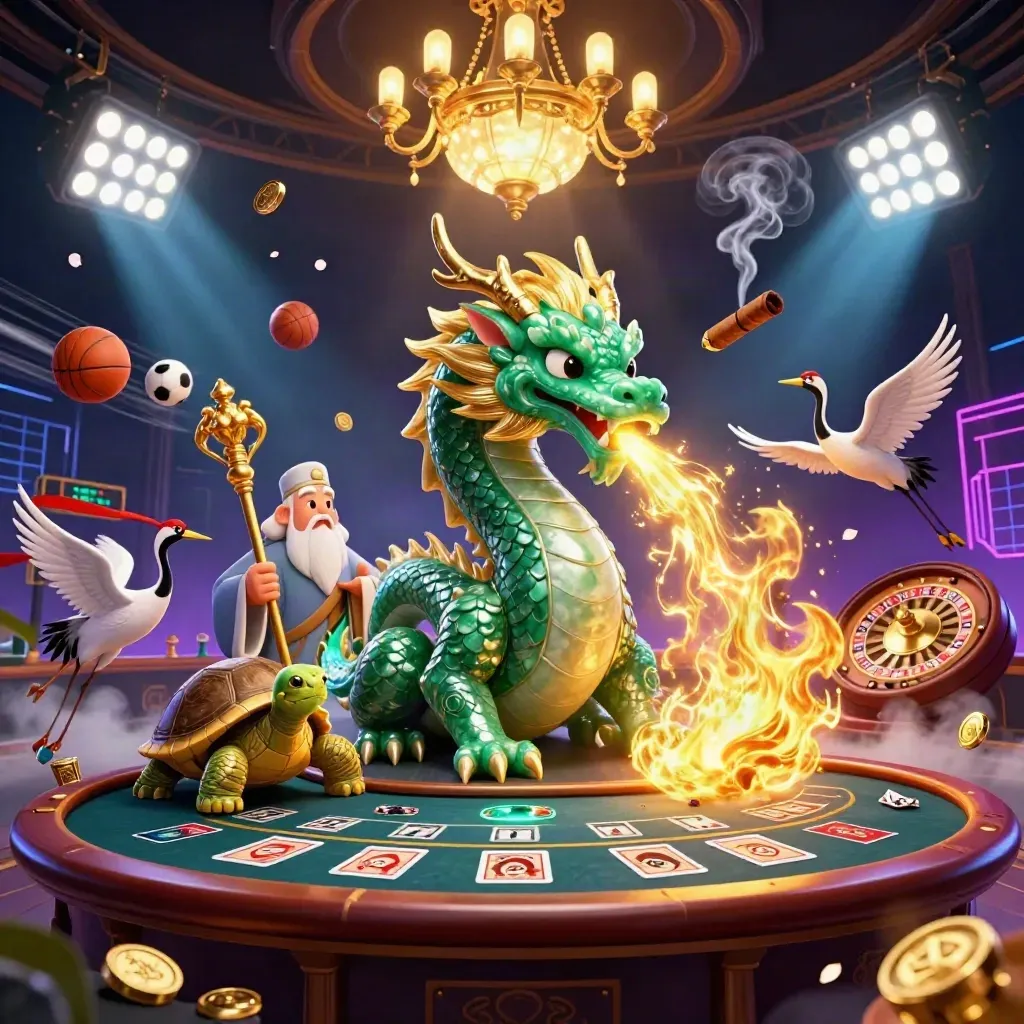 Emerald dragon, turtle sage and cranes in a luxe neon casino room with sports props and gold light