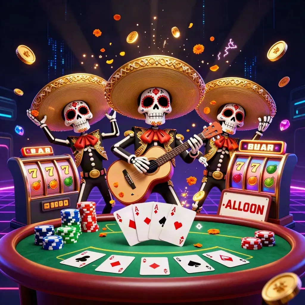 Day-of-the-Dead skeleton mariachi trio amid chips, cards, reels and neon casino energy.