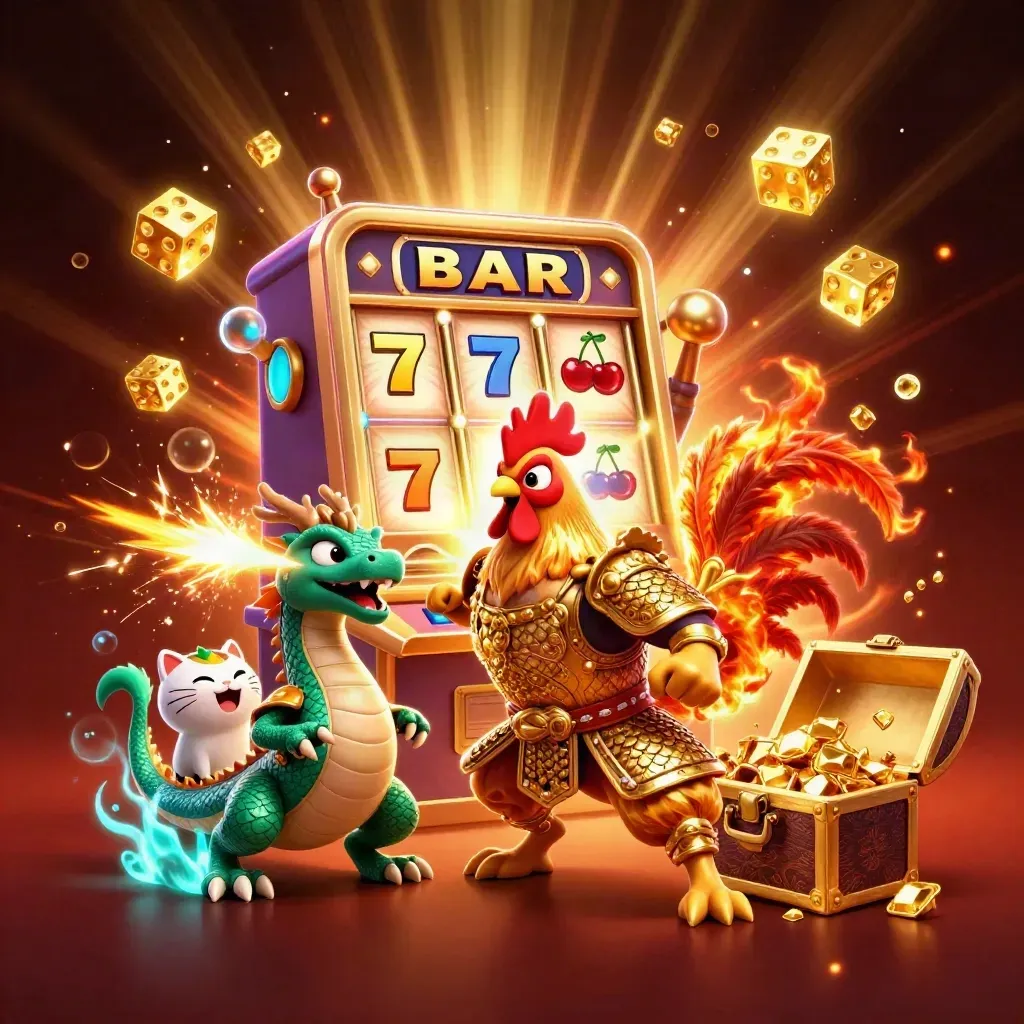 Rooster warrior, dragon hatchling, and fortune cat amid exploding gold, gems, and slot symbols.