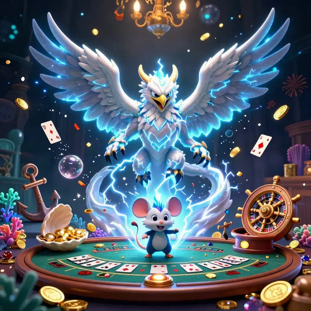 Thunder dragon, wind hawk, and static mouse amid a luxe neon casino treasure cove.