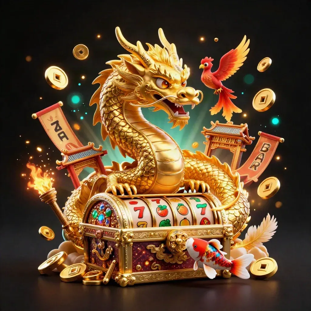 Golden dragon, phoenix, and koi amid casino treasure, temple gate, and glowing coin bursts.