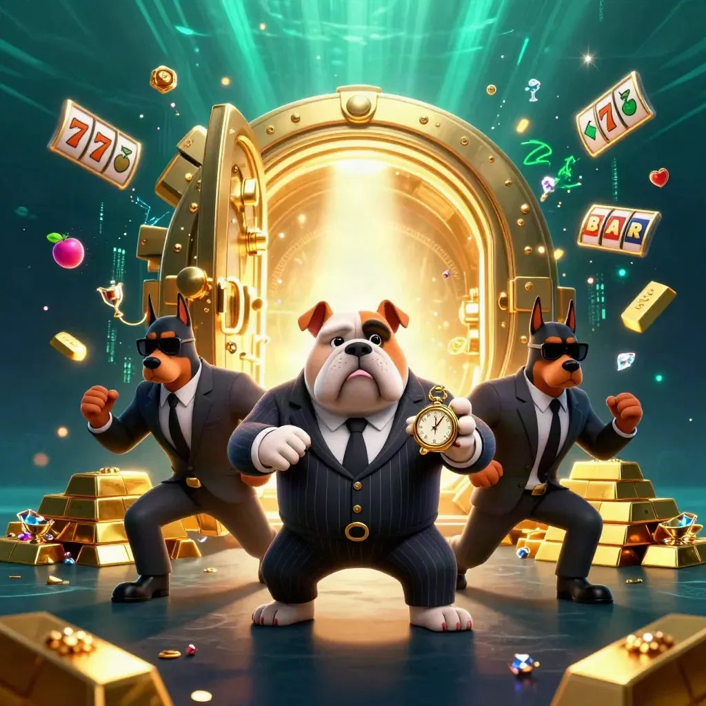 Bulldog boss and Dobermans explode from a golden vault amid gems, gold bars and neon sparks.