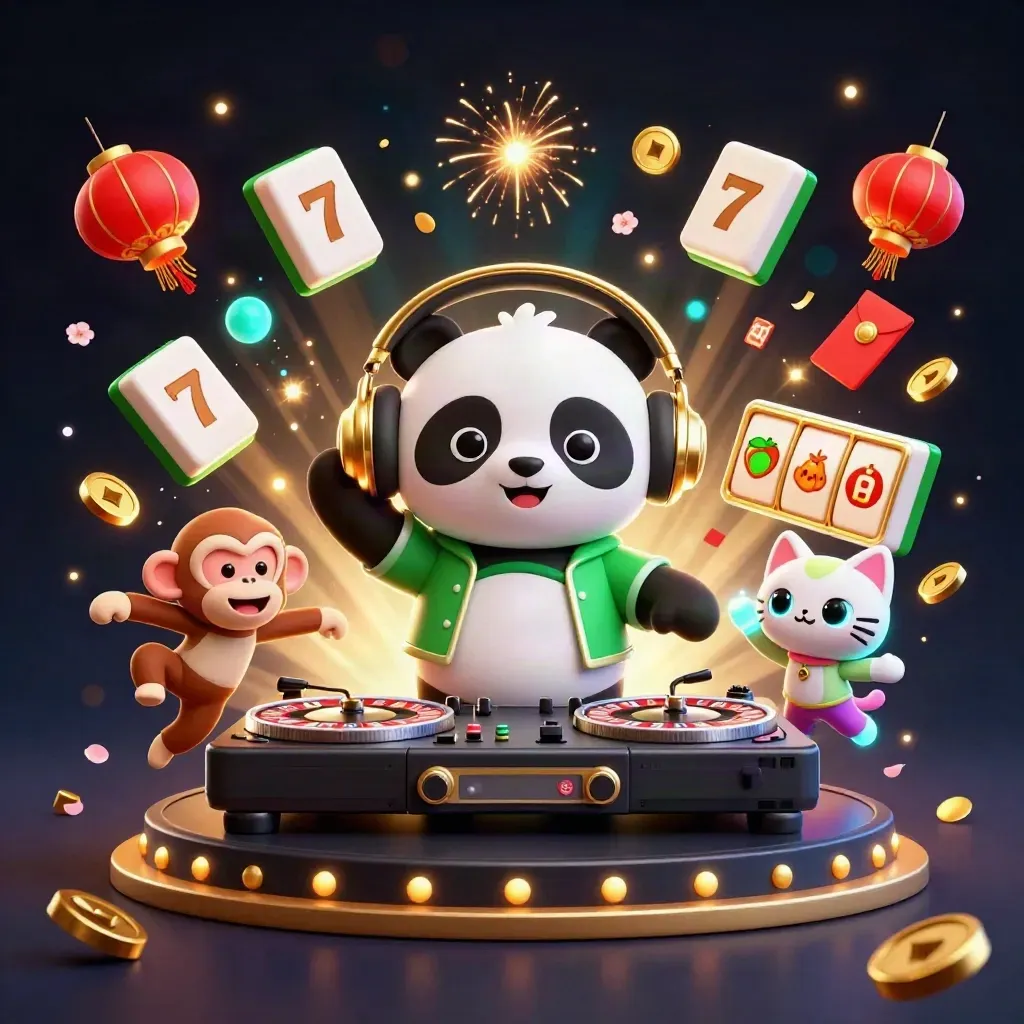 DJ panda, breakdancing monkey, and neon kitten explode through casino props and glowing coins.