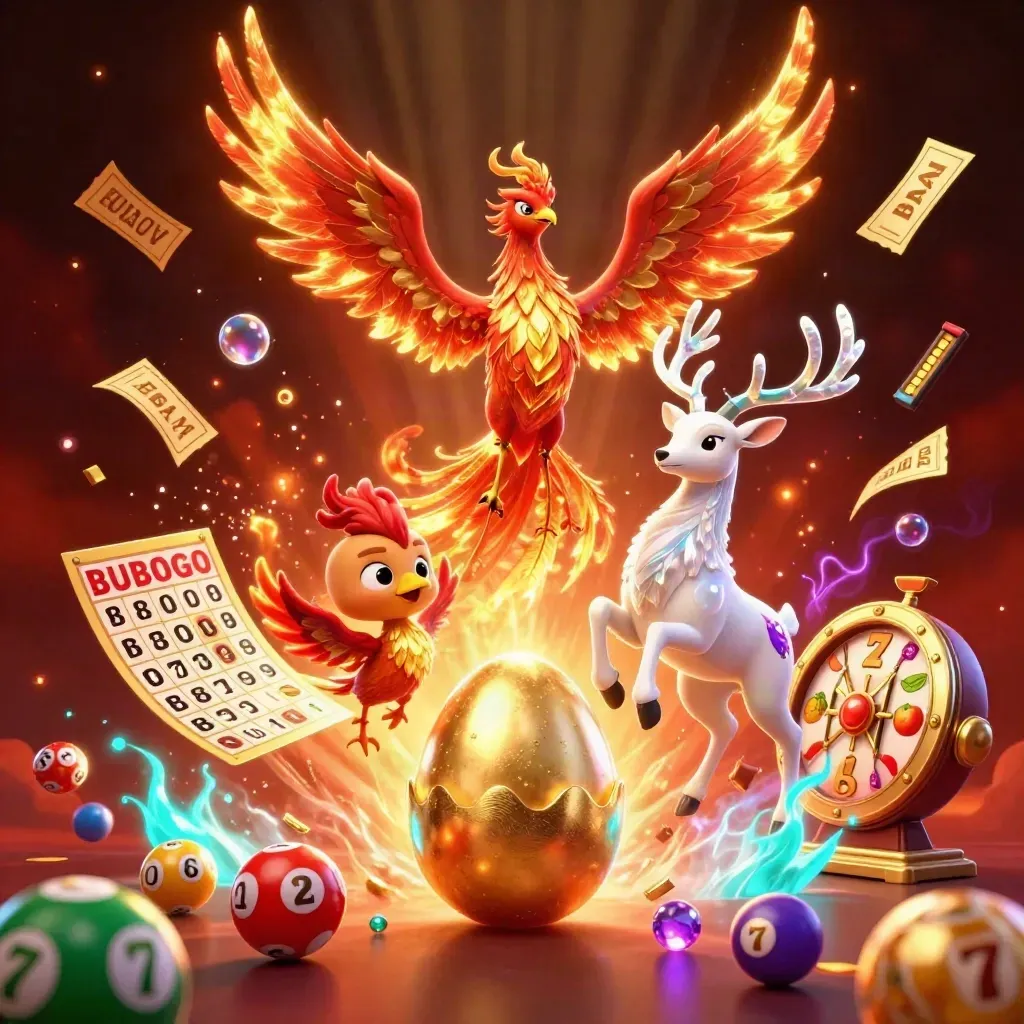 Phoenix, baby phoenix, and crystal stag amid casino treasure and glowing ember effects.
