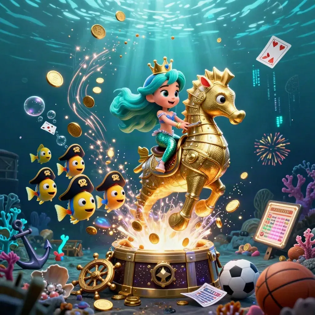 Mermaid princess on armored seahorse amid gold coins, pirate fish, underwater treasure burst