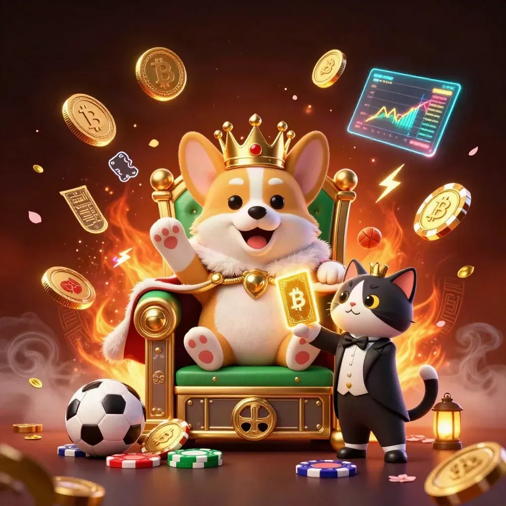 Royal corgi and cat butler amid casino treasure, coins, crypto icons, and fireworks.