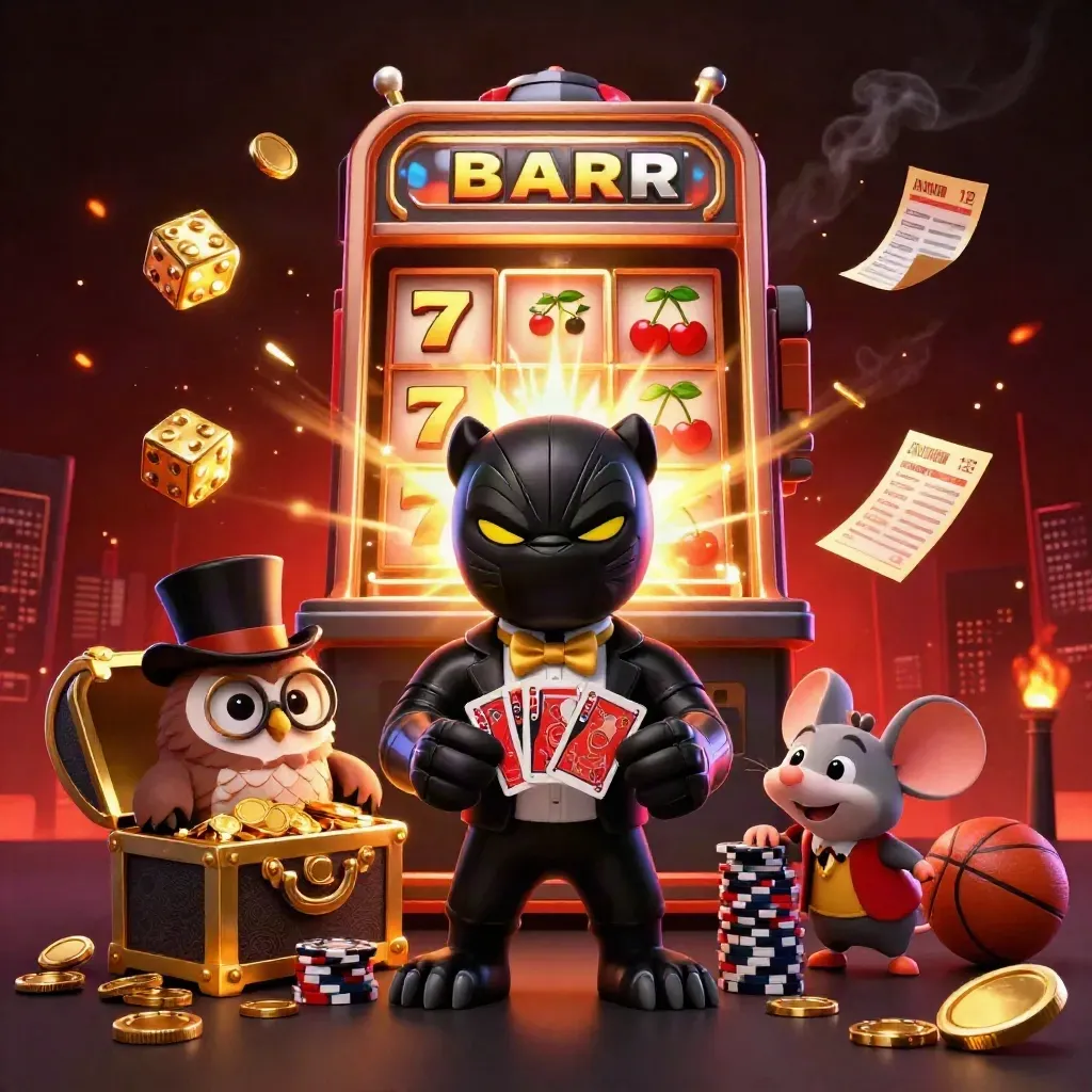 Panther dealer, owl and mouse amid exploding slot symbols, coins and gold in a dark casino burst.
