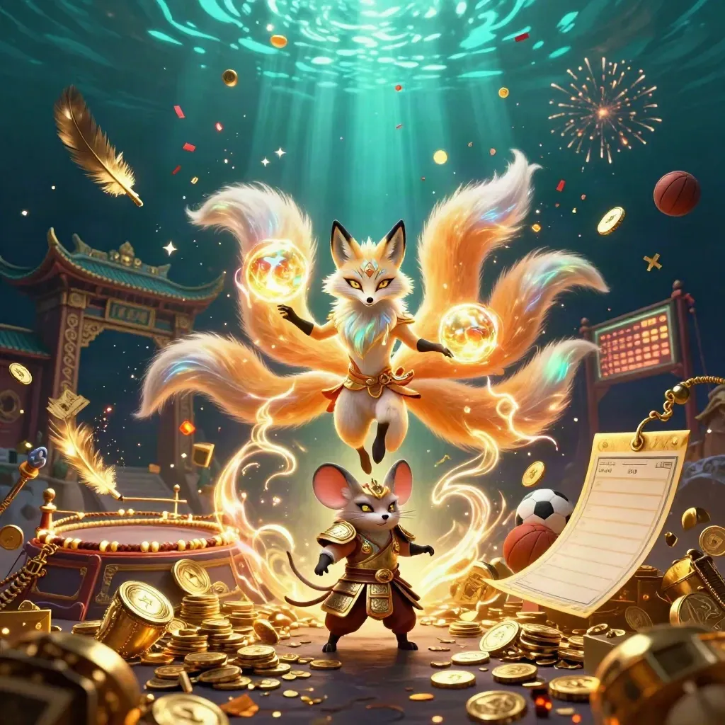 Nine-tailed fox spirit and samurai mouse amid gold coins, temple gate, sports props, and fireworks.