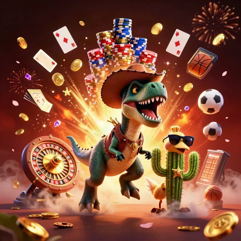 Cowboy T-Rex, cactus sidekick, and sheriff roadrunner amid casino treasure, chips, fireworks, and glowing coins.
