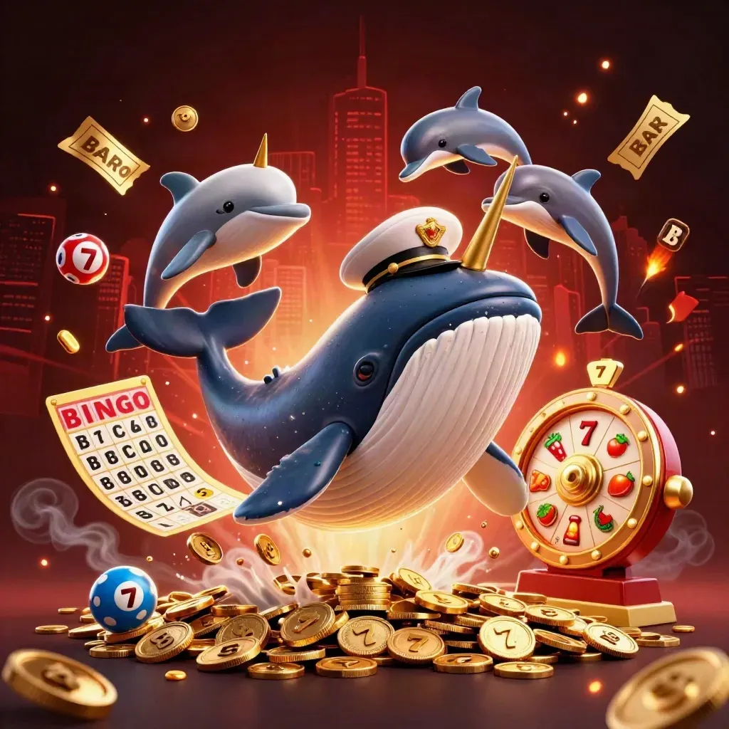 Captain whale, narwhal, dolphins, coins, reels, and jackpot effects in a ruby casino splash.