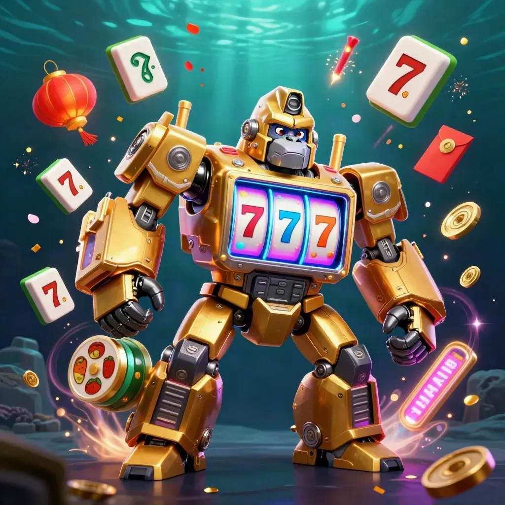 Golden gorilla slot-mech with monkey pilot, bursting casino symbols, lanterns, coins, fireworks