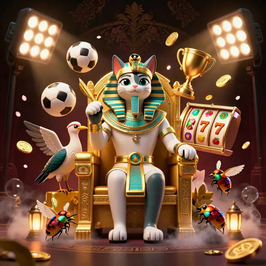 Pharaoh cat on golden throne with ibis, scarabs, flying balls, coins and casino glow