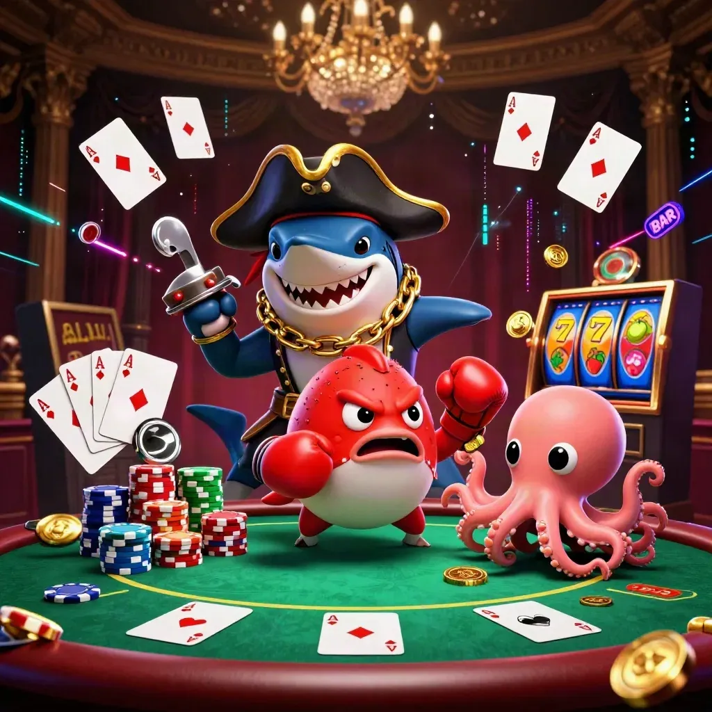 Pirate shark, boxing pufferfish, and coin-juggling octopus amid casino cards and chips