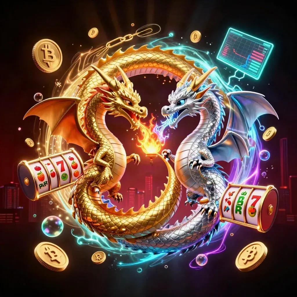 Twin gold and silver dragons spiral with coins, slots, and neon casino effects on a dark red-black background.