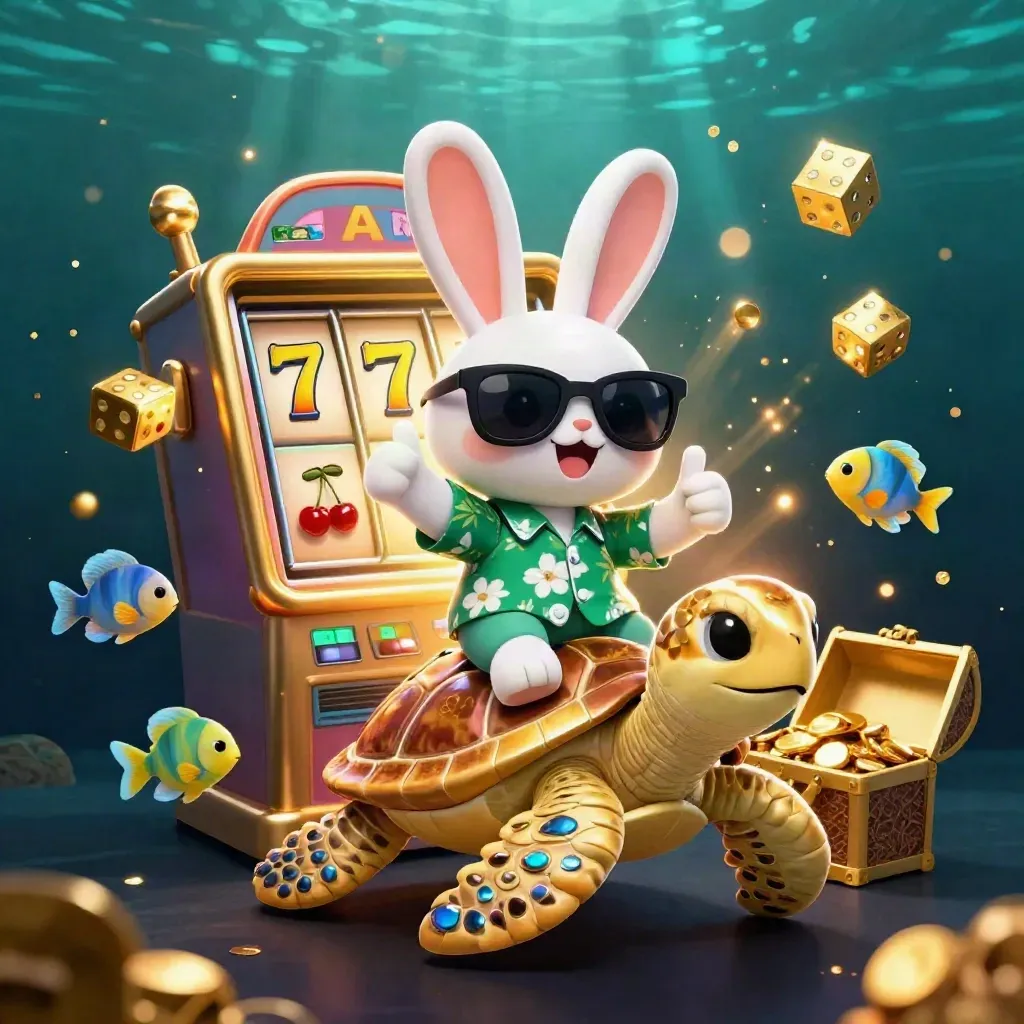 Cartoon rabbit on a golden sea turtle with slot machine bursts, treasure, fish, and neon casino glow